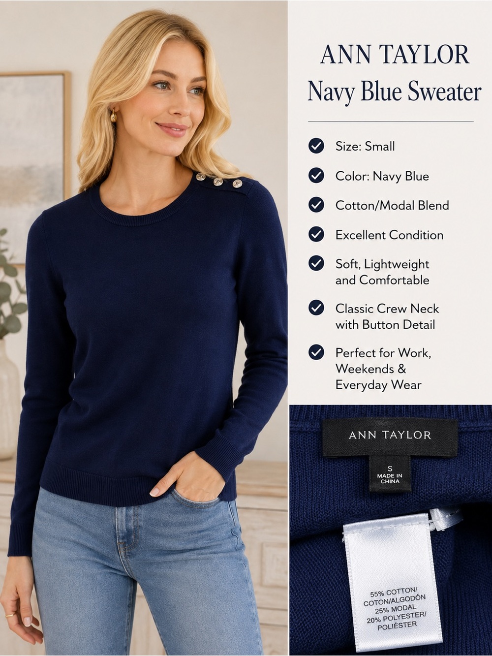 Ann Taylor Navy Blue Crewneck Sweater Shoulder Buttons Size Small